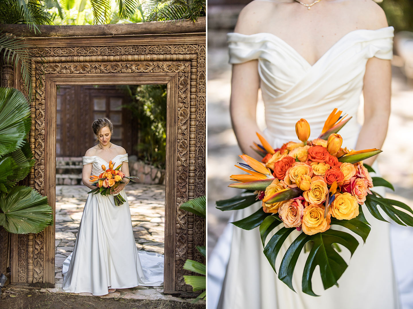 Bride with tropical wedding bouquet during her wedding in Mexico