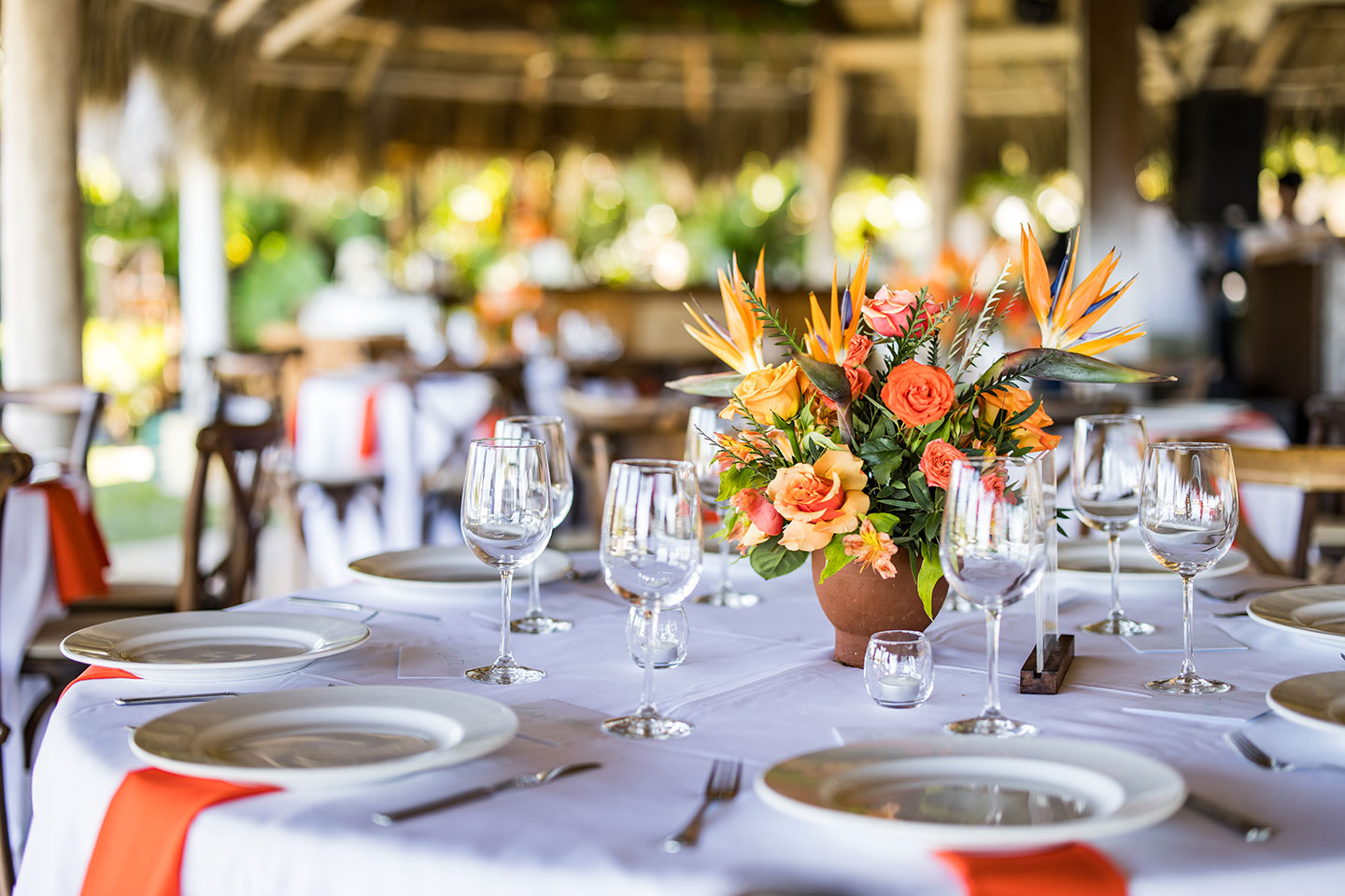 Dinner tables at a wedding at Don Pedro's Palapa in Mexico