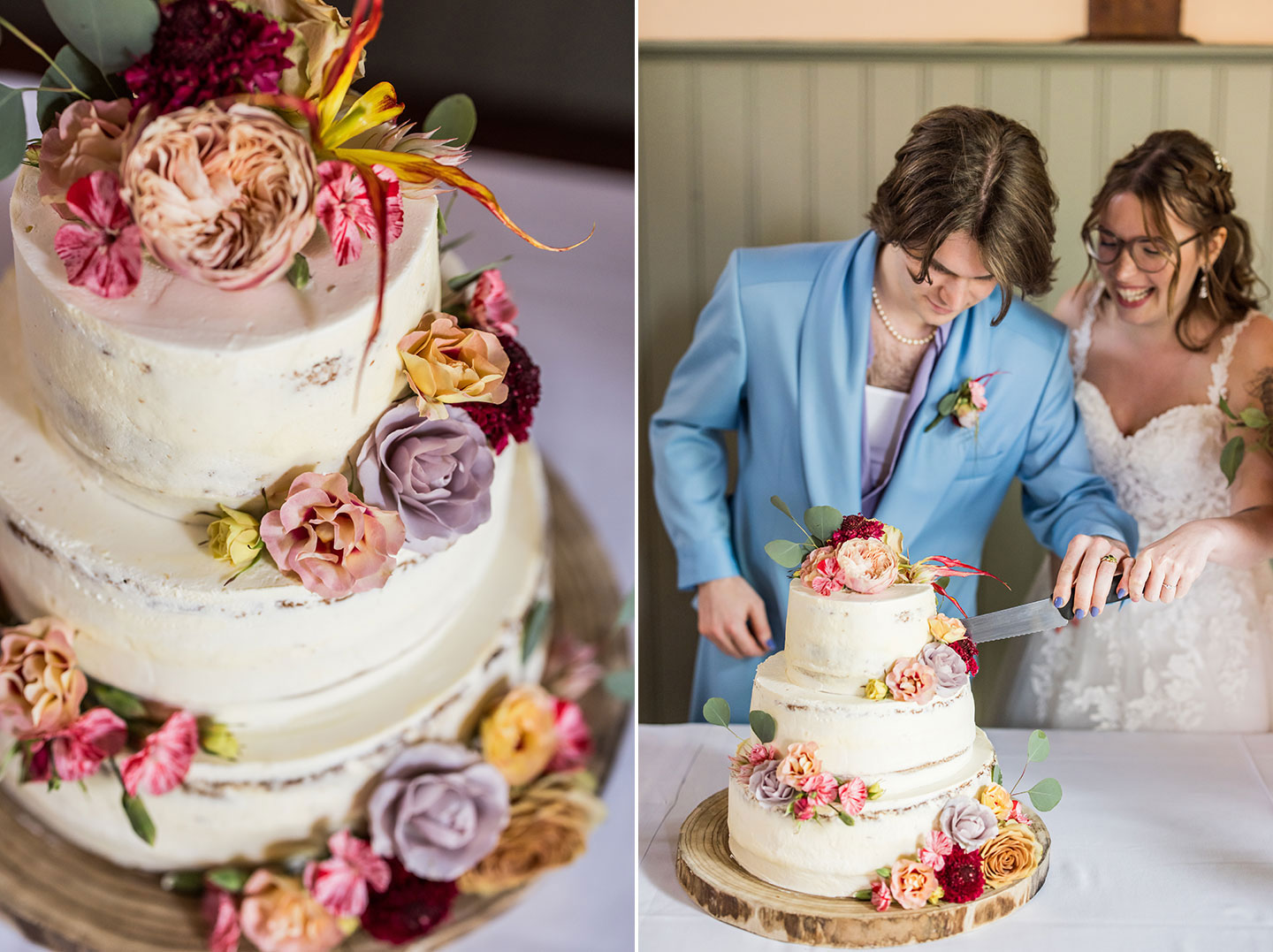 Zomerse bruidstaart met 3 lagen en bloemen