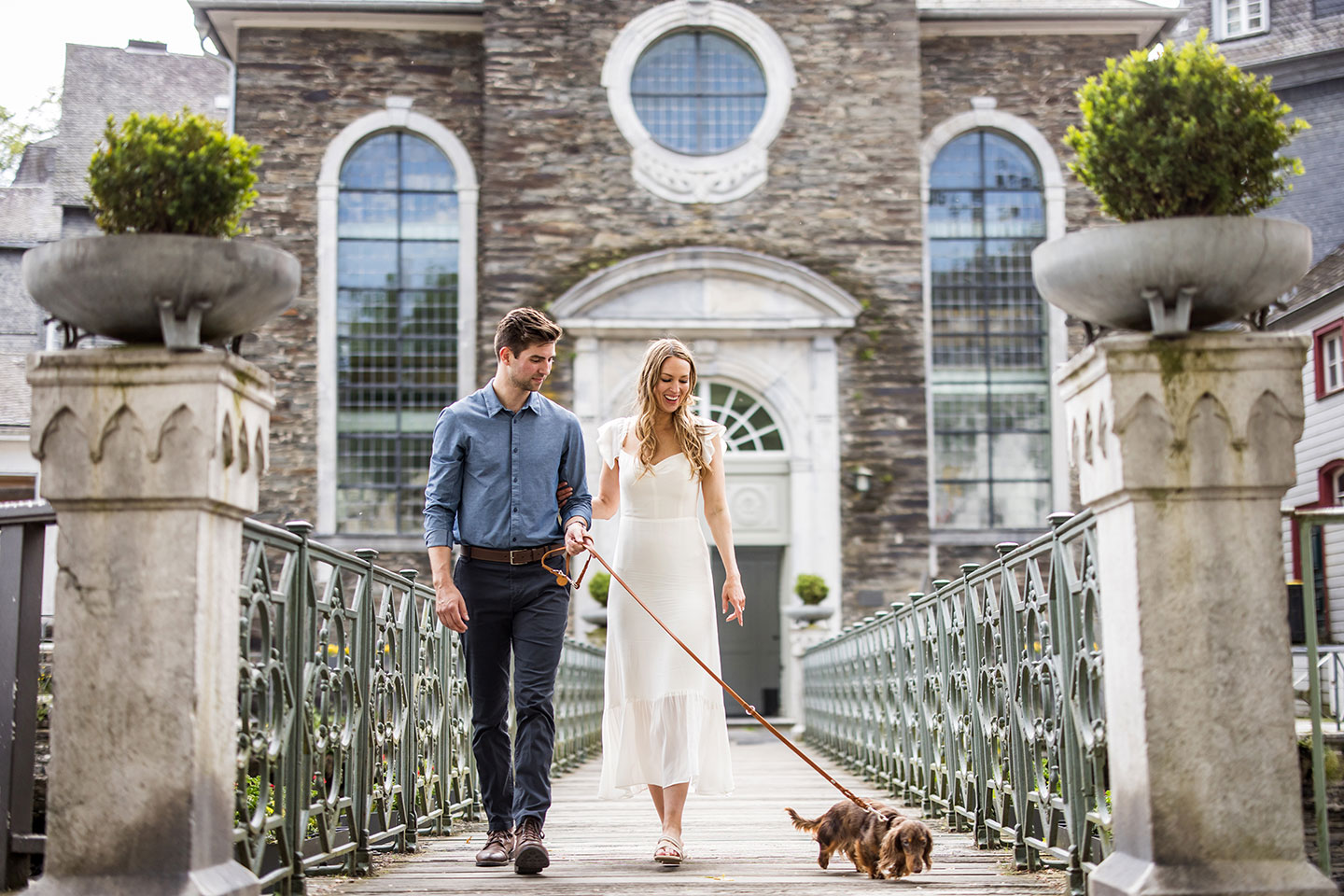 Engagement shoot of a couple and their dog in Monschau, Germany